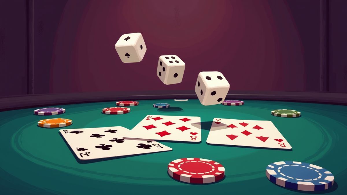 Dados rodando em uma mesa com cartas e fichas.