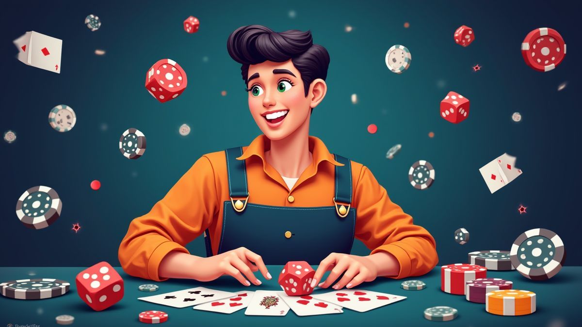 Jogador disfrutando de Poker Dice rodeado de elementos de cassino.