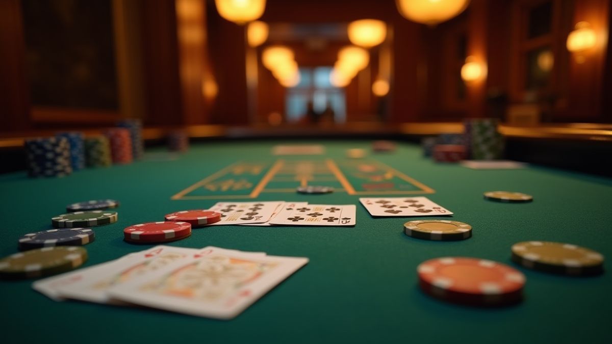 Traditioneller Pokertisch mit Chips und Karten unter warmer Beleuchtung.