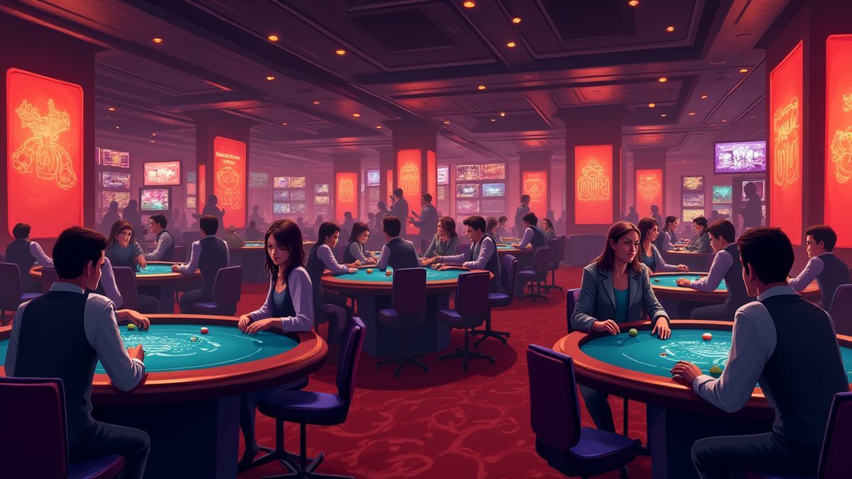 Animierter Casino-Boden mit Spielern an Pokertischen.