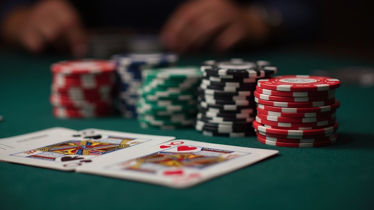 Poker chips and cards on a casino table.
