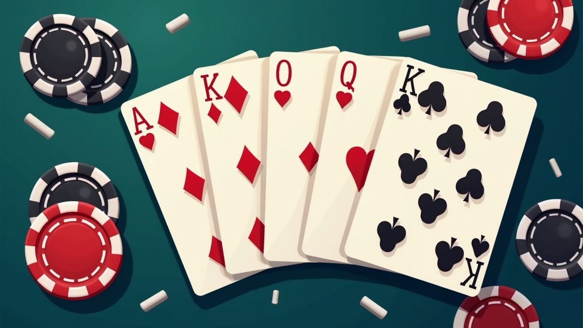 Poker hand with a straight flush alongside chips and cards.