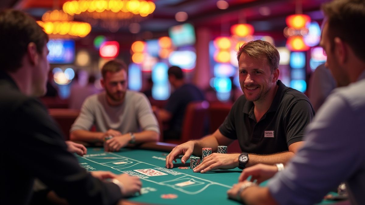 Players enjoying poker games in a lively casino.