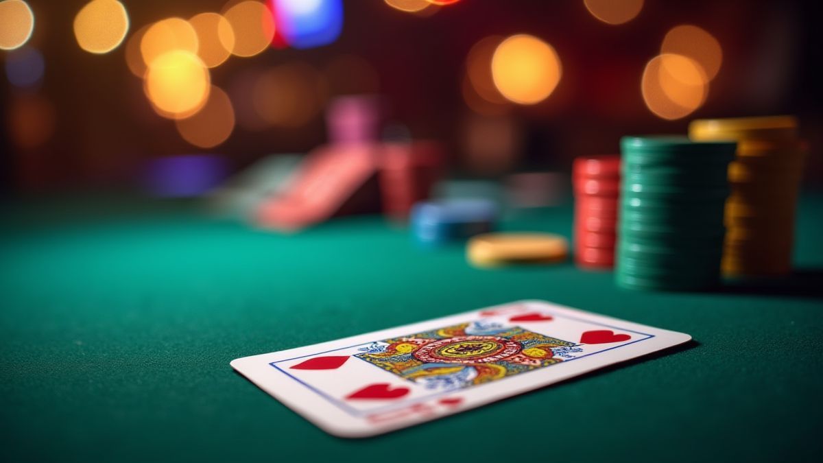 Mesa de póker con fichas y cartas bajo luces de casino.