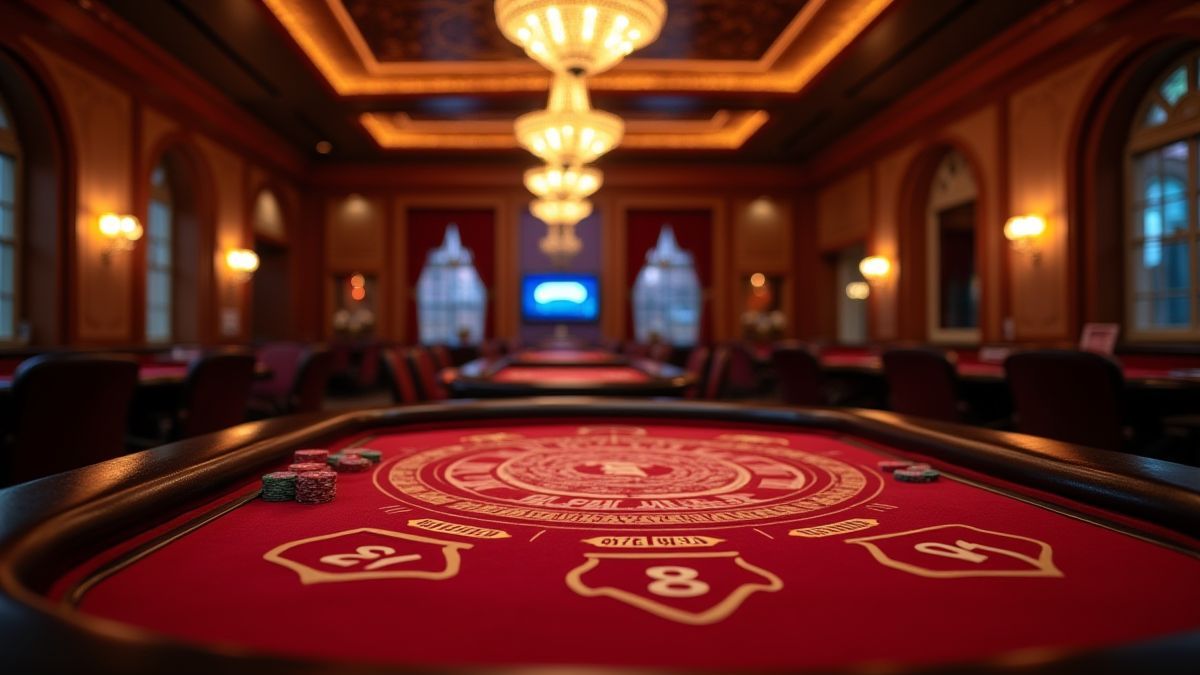 Entorno de casino lujoso con mesa de póker y luces elegantes.