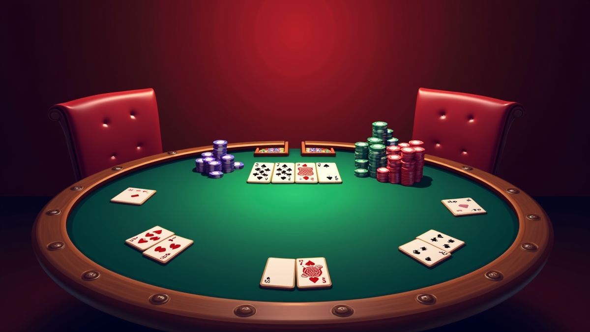 Pokertisch mit Chips und Karten in einem klassischen Casino.