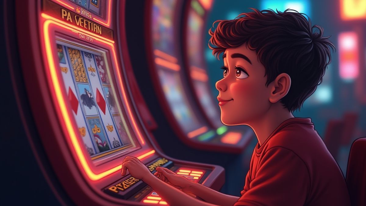 Ein Anfänger spielt mit erfreutem Ausdruck einen Slot mit Poker-Thema.