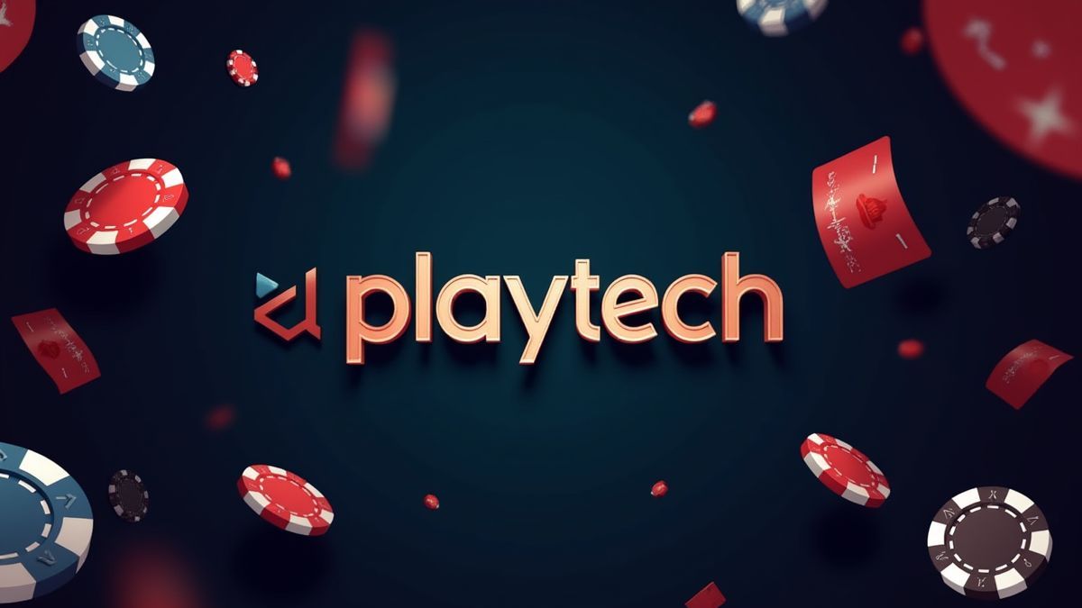Logo von Playtech umgeben von Casino-Elementen wie Chips und Karten.