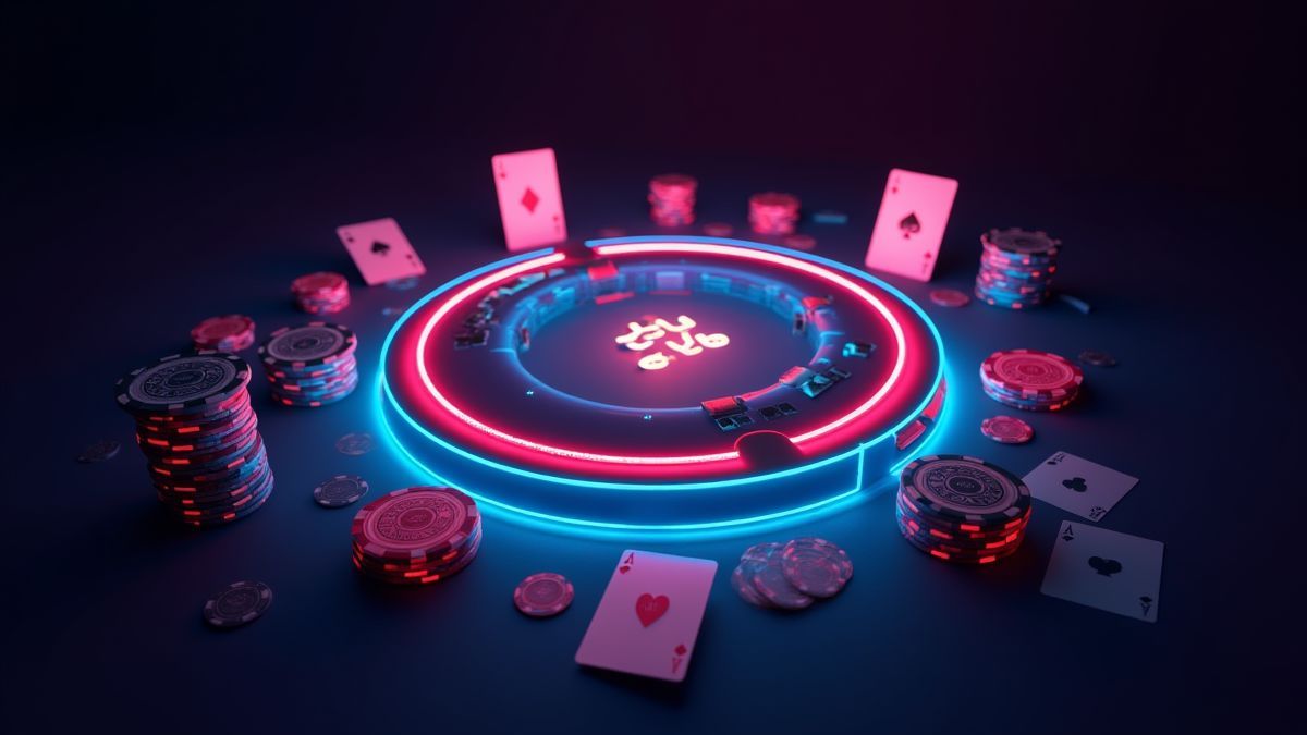 Pokertisch mit Karten und Chips unter Neonlichtern.
