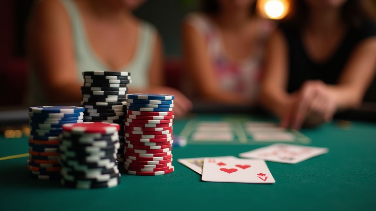 Entspannende Casino-Umgebung mit verstreuten Pokerchips und Karten auf einem Tisch.