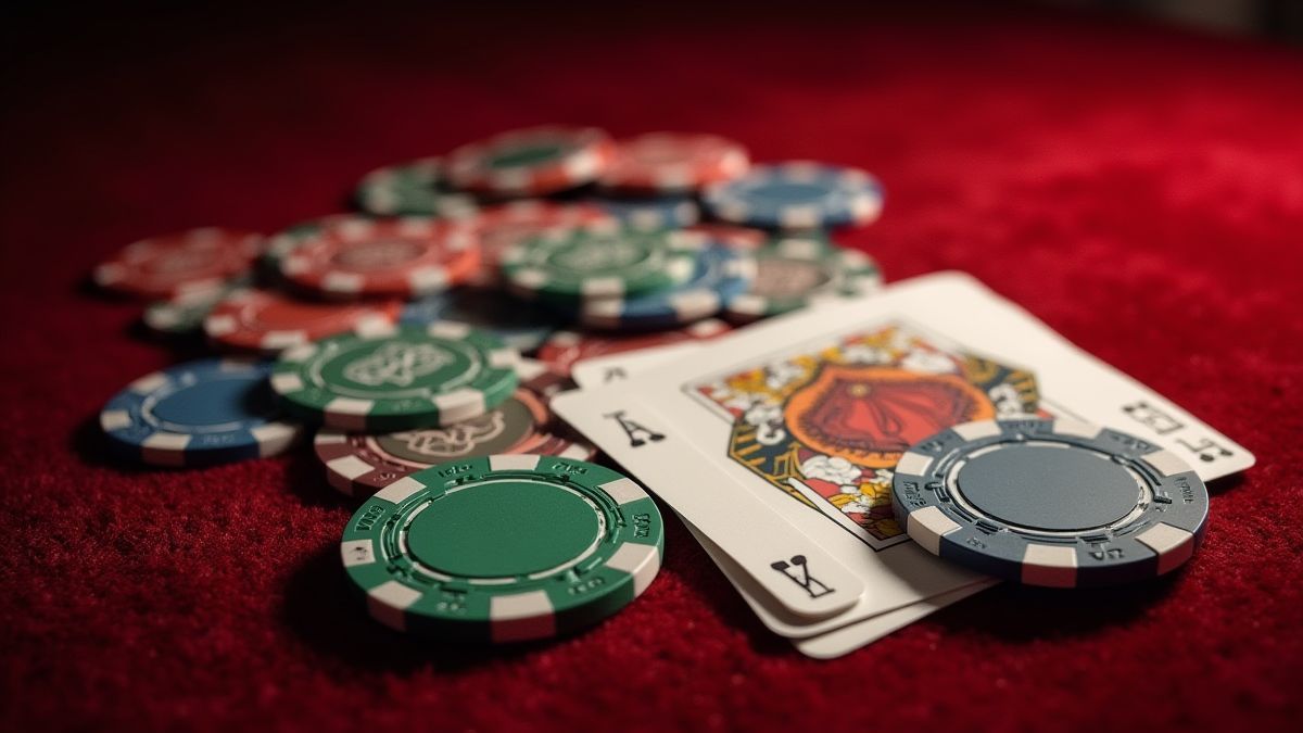Playing cards and poker chips on a velvet table.