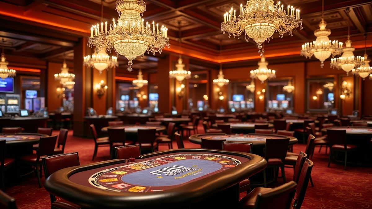 Interior of a casino with poker tables and chandeliers.