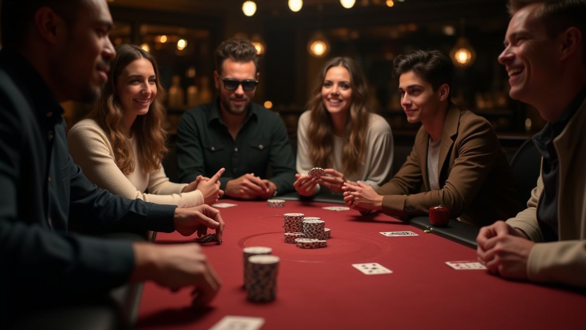 Group of friends playing poker at an elegant casino.