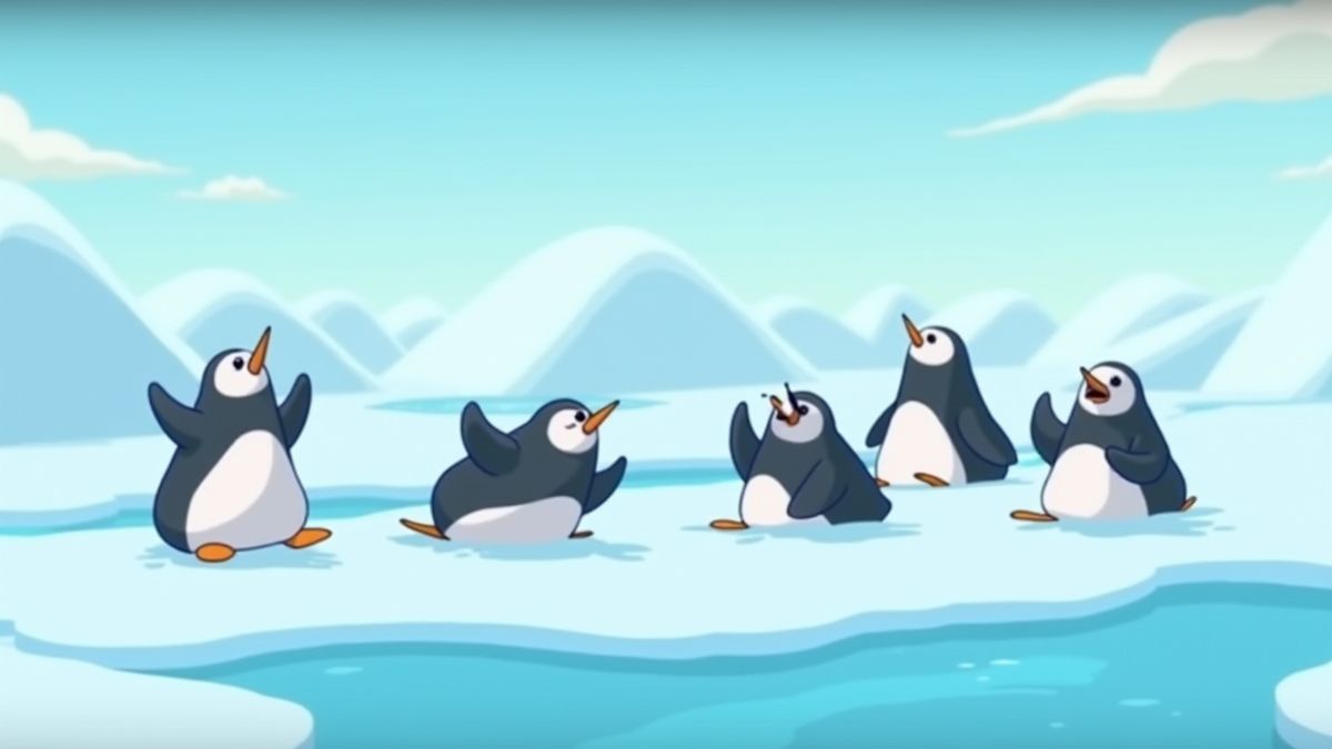 Pingouins glissant sur la glace dans un paysage gelé.
