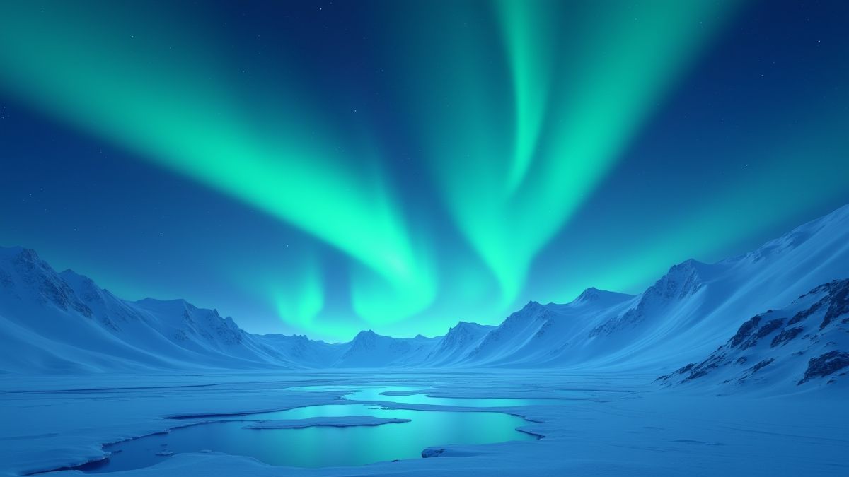 Paysage arctique illuminé par des aurores boréales.