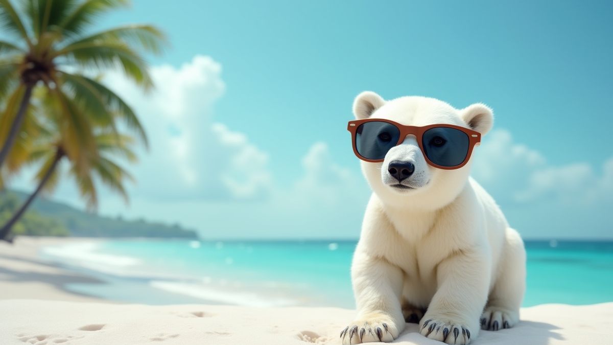 Un ours polaire avec des lunettes de soleil sur une plage enneigée avec des palmiers.