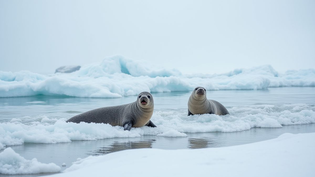 Une plage enneigée avec des phoques jouant dans les vagues glacées.