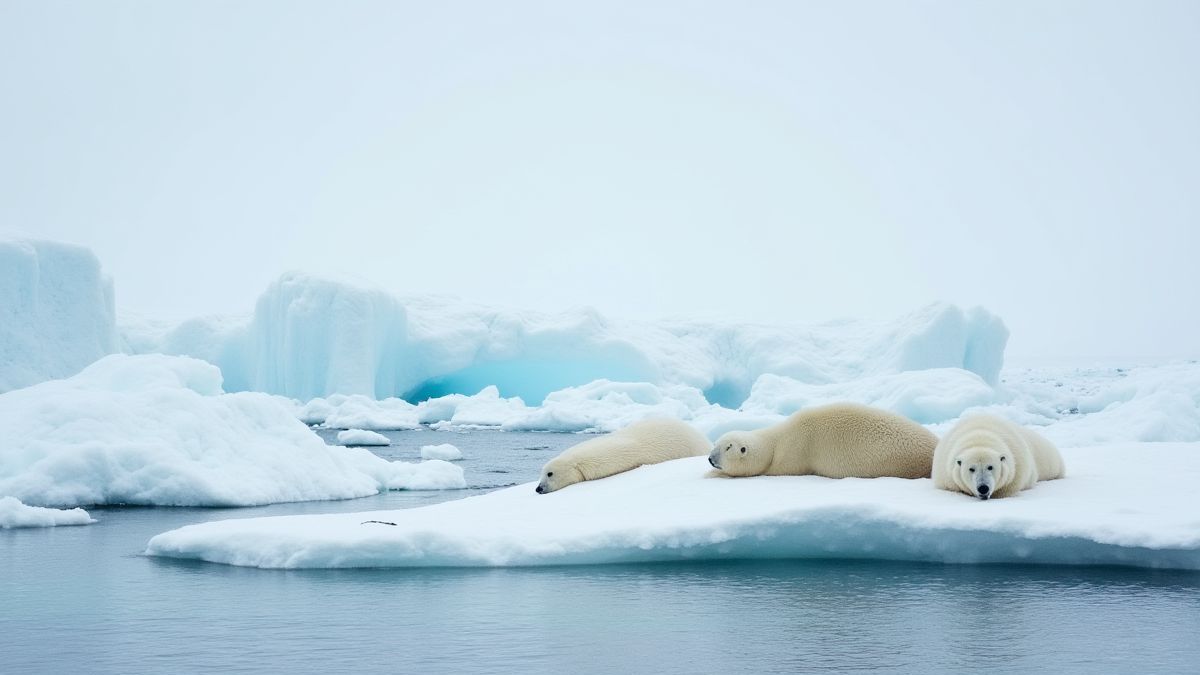 Paisagem ártica nevado com animais polares perto da água gelada.
