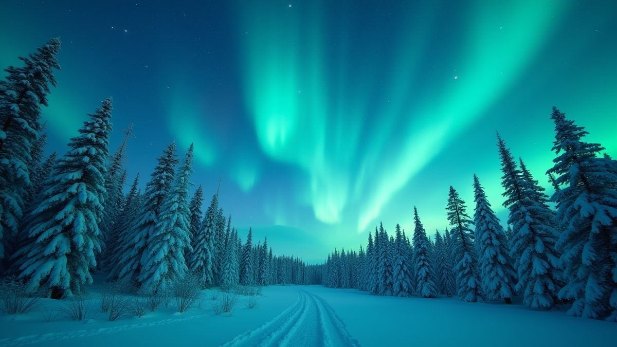 Verschneiter Wald mit leuchtenden Nordlichtern am Himmel.