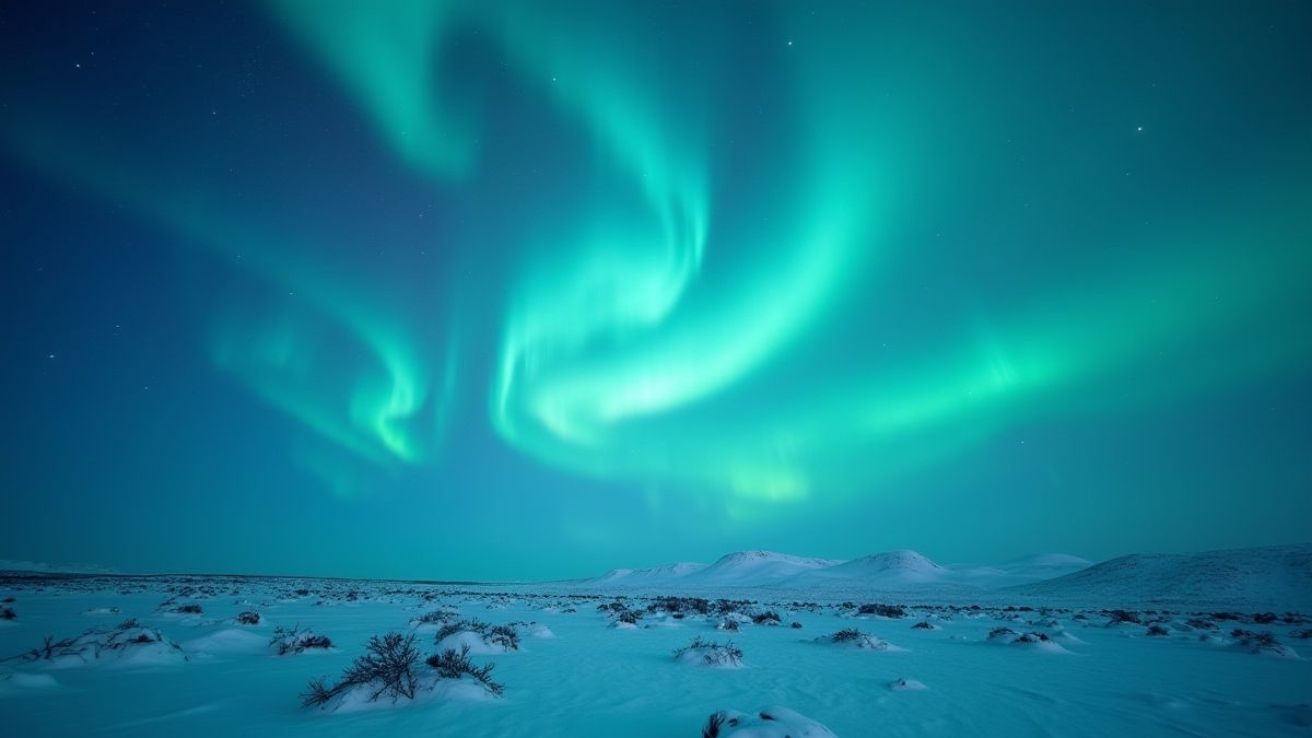 Auroras boreais iluminando um paisagem de tundra nevada.