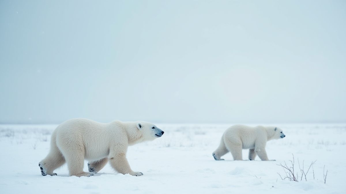 Paisagem nevado com ursos polares brincando na neve.