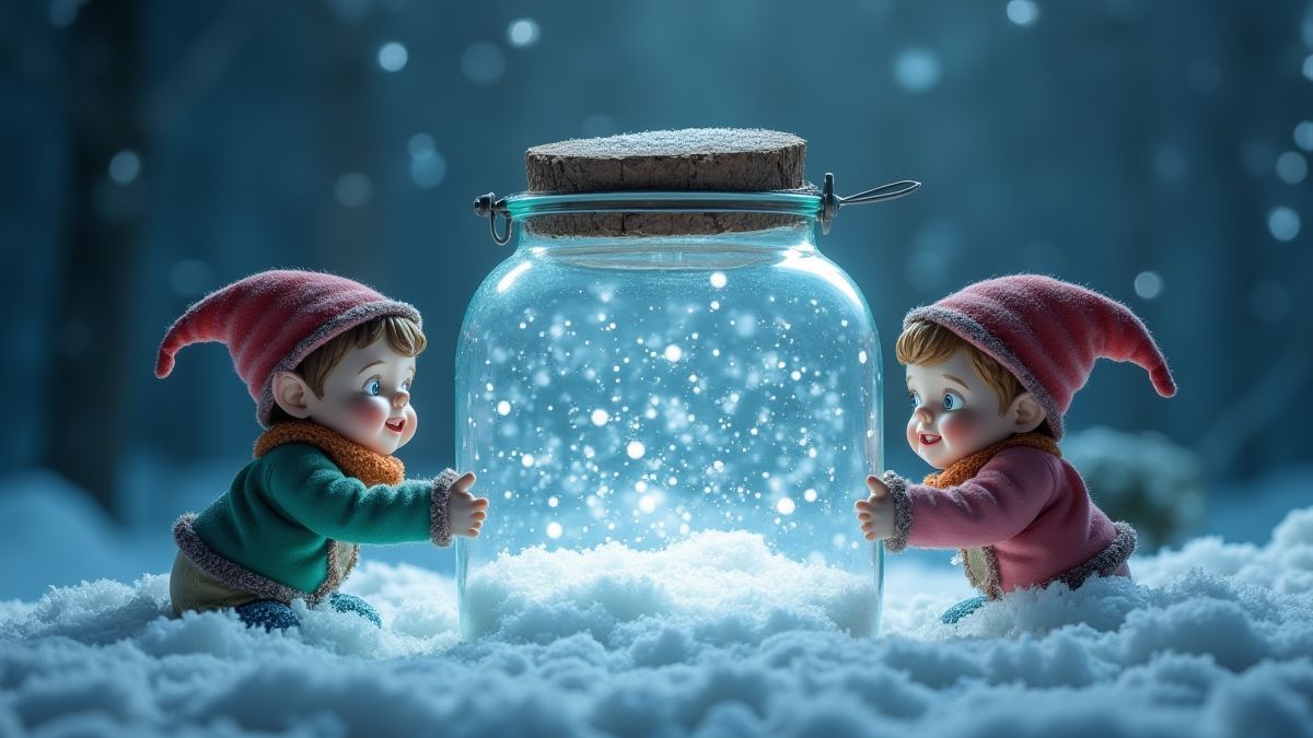 Elfos coletando flocos de neve em um frasco mágico.