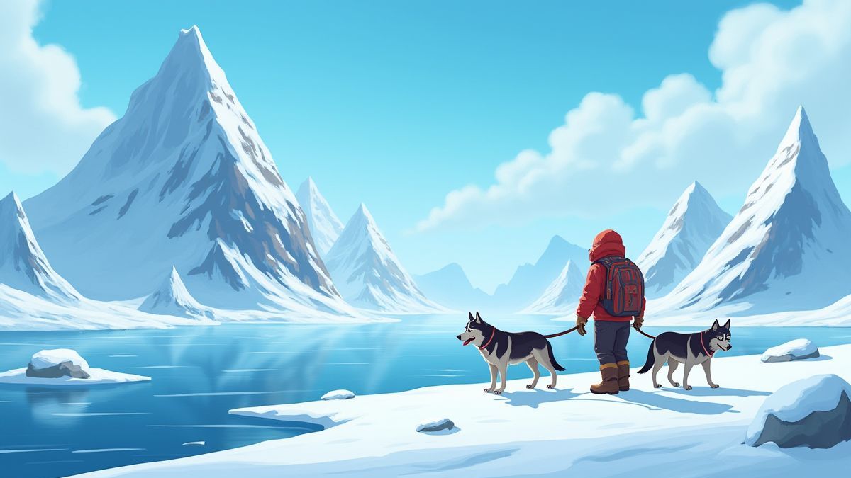 Arktische Landschaft mit Entdeckern und Huskys.