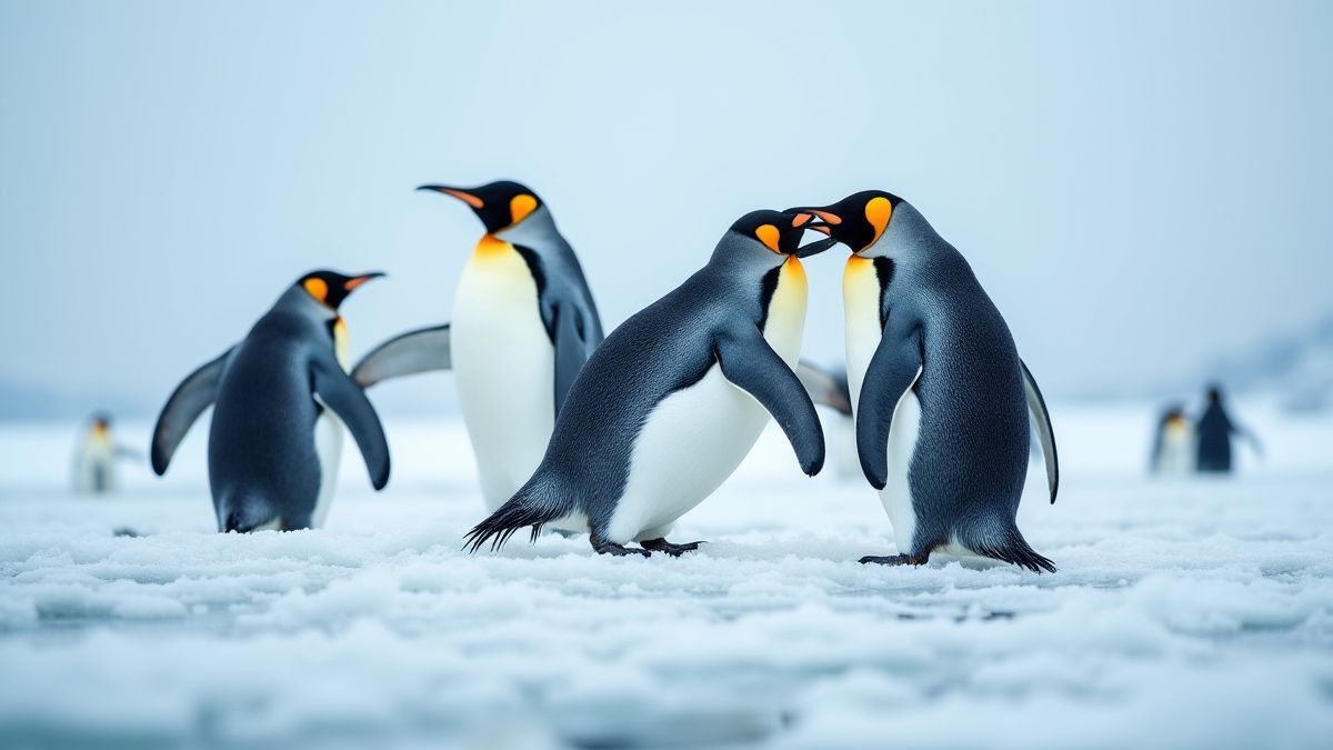 Pingüinos jugando en el hielo del Ártico
