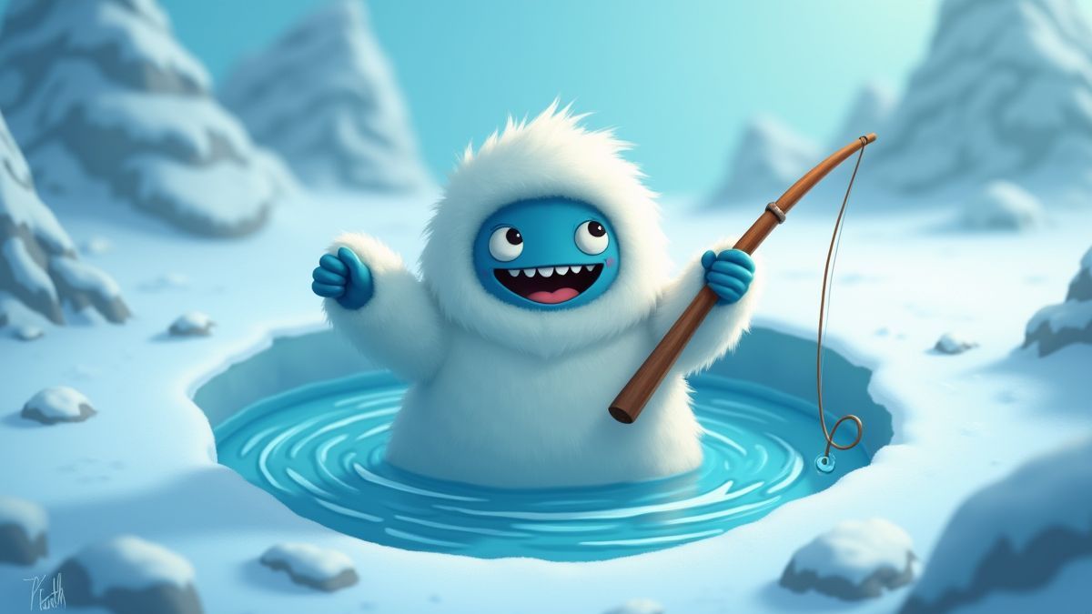 Yeti pescando en un agujero en el hielo