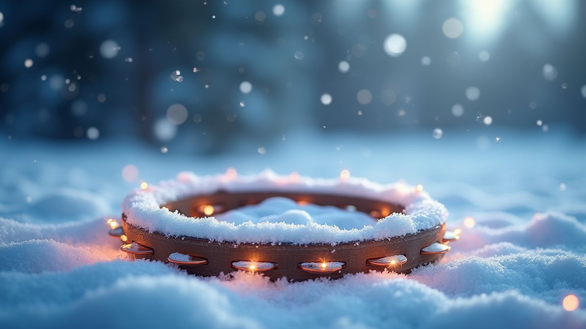 Tambor y copos de nieve brillando en el Ártico nevado.