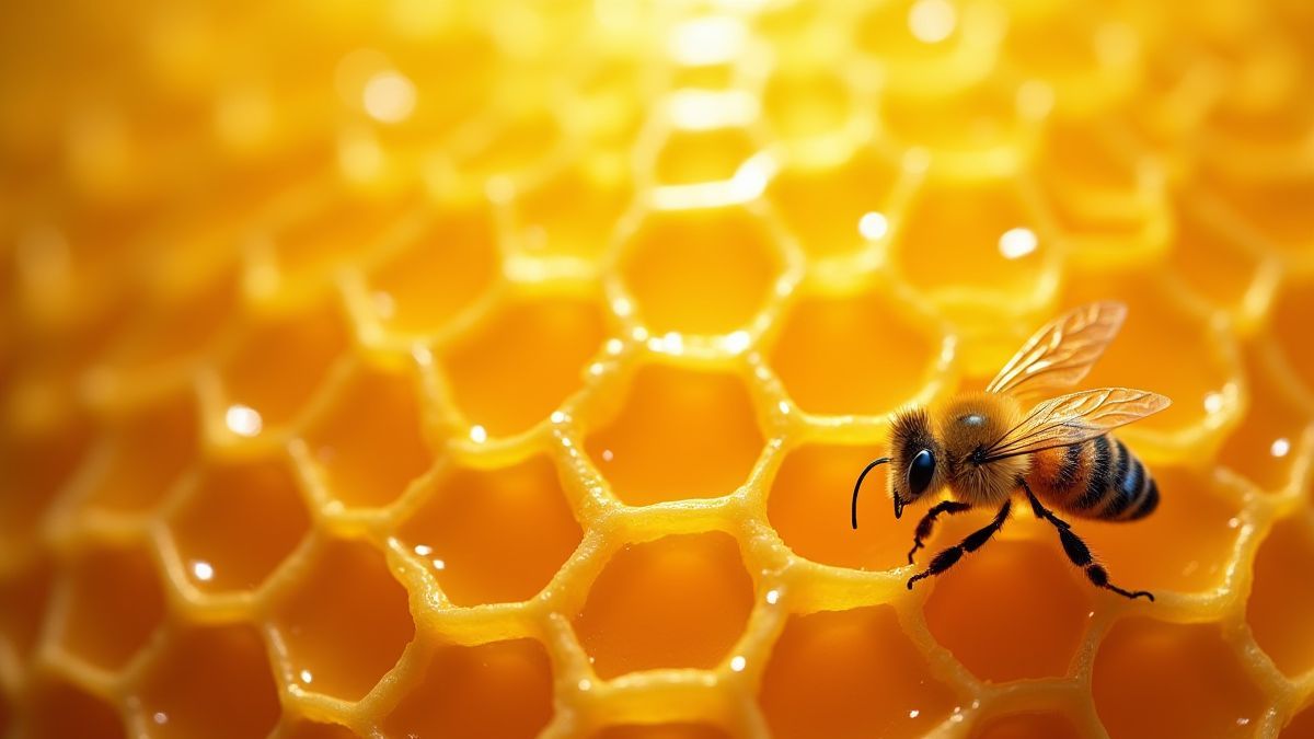 Honeycomb filled with golden honey and bees working around it.