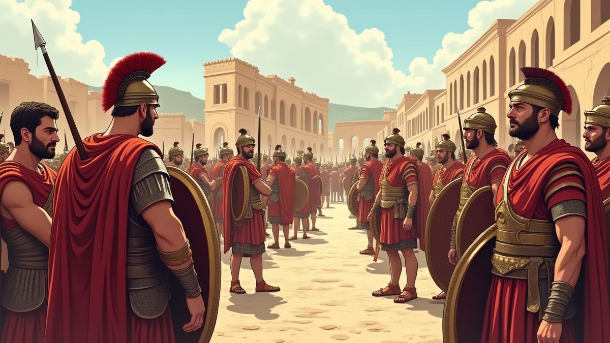 Römische Soldaten und belebter Markt in Pompeji.