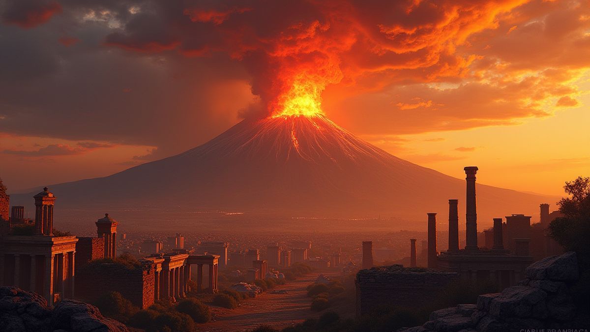 Vesuv in Eruption mit römischen Ruinen.