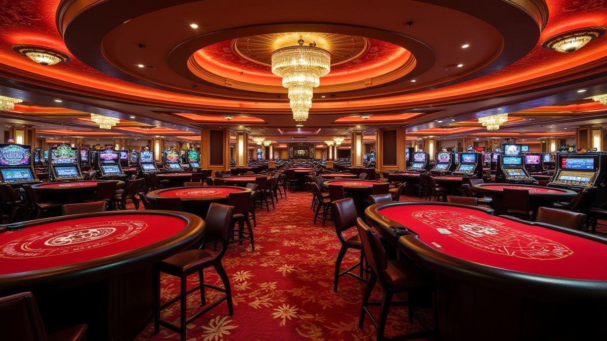 Interior de casino con mesas y luces elegantes.