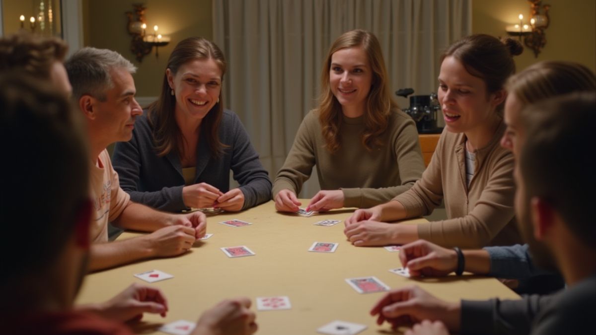 Grupo de amigos jugando cartas en una mesa.