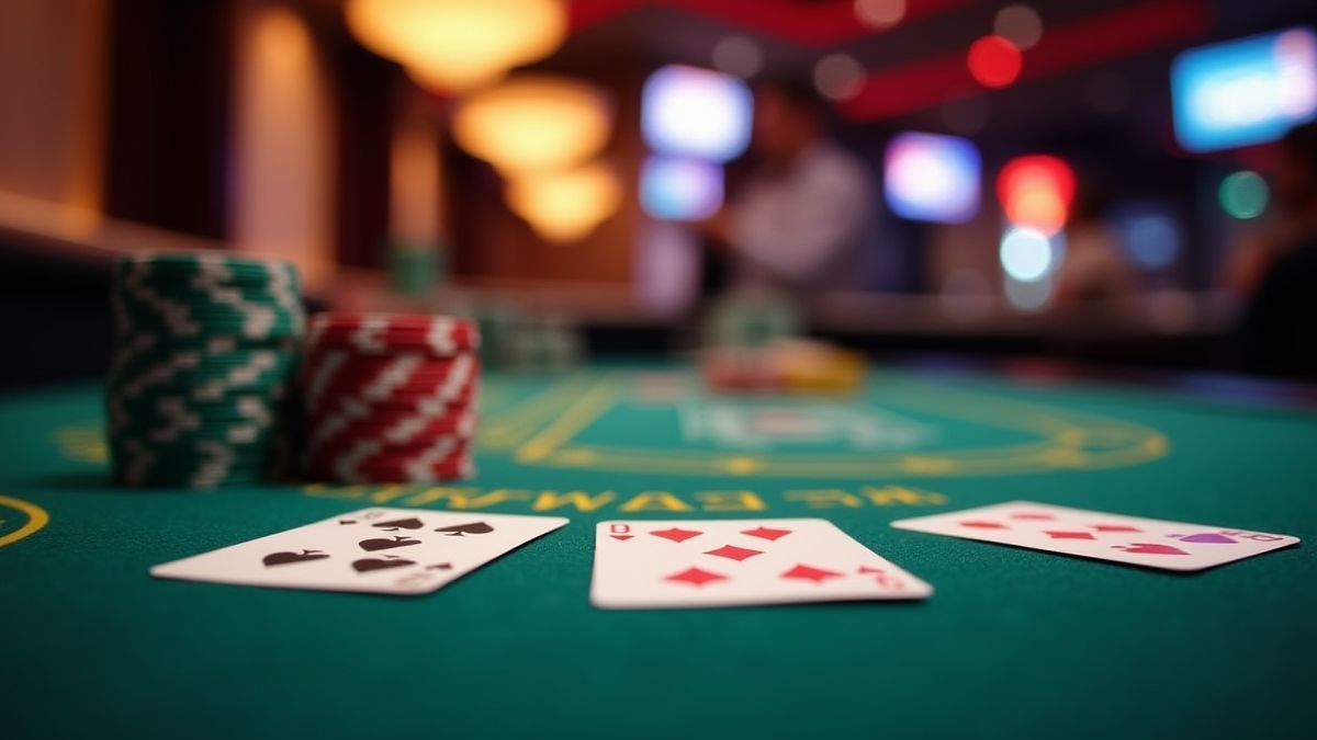 Table de blackjack avec des cartes et des jetons sous des lumières brillantes de casino.
