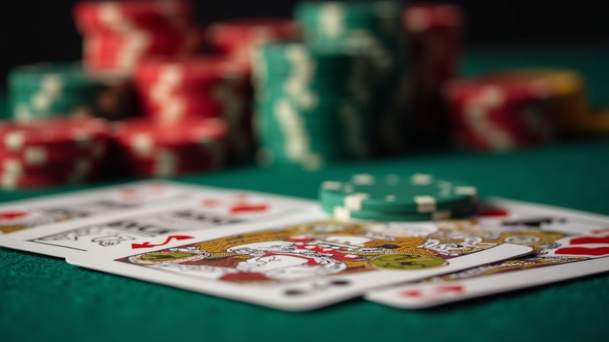 Jetons de casino et cartes sur une table en feutre vert.