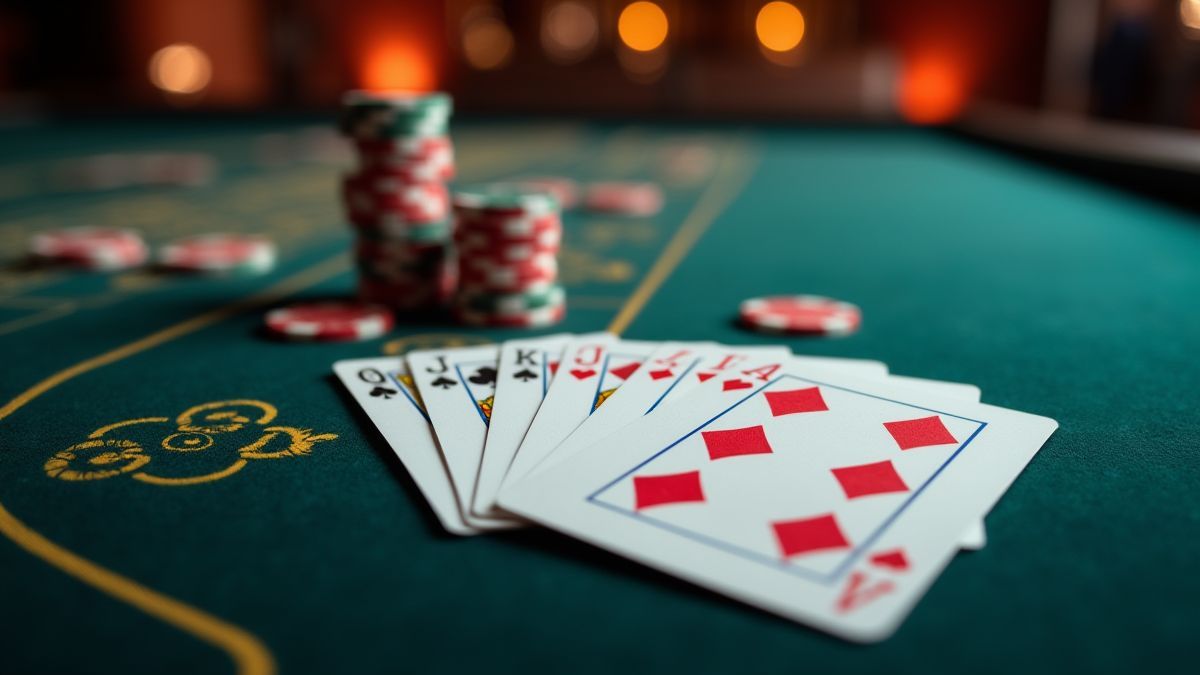 Cartas de blackjack e fichas em uma mesa de cassino.