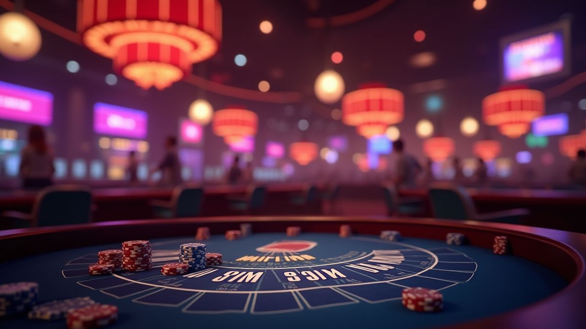 Cena animada de cassino com mesa de blackjack.