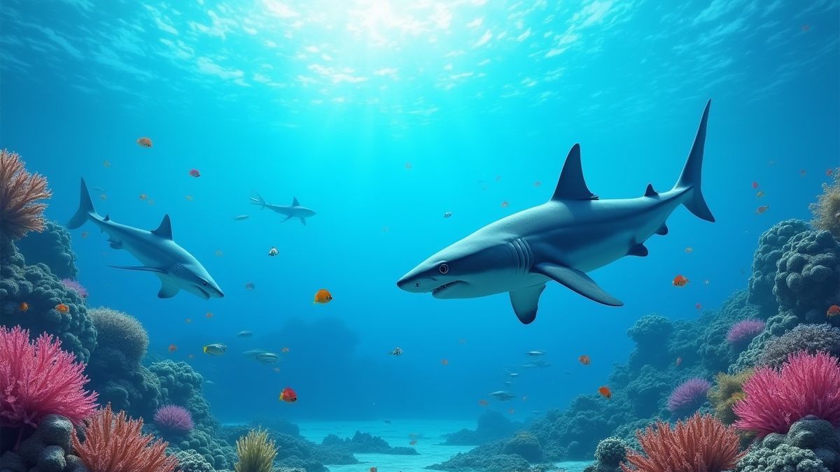 Escena submarina vibrante con tiburones y peces exóticos.