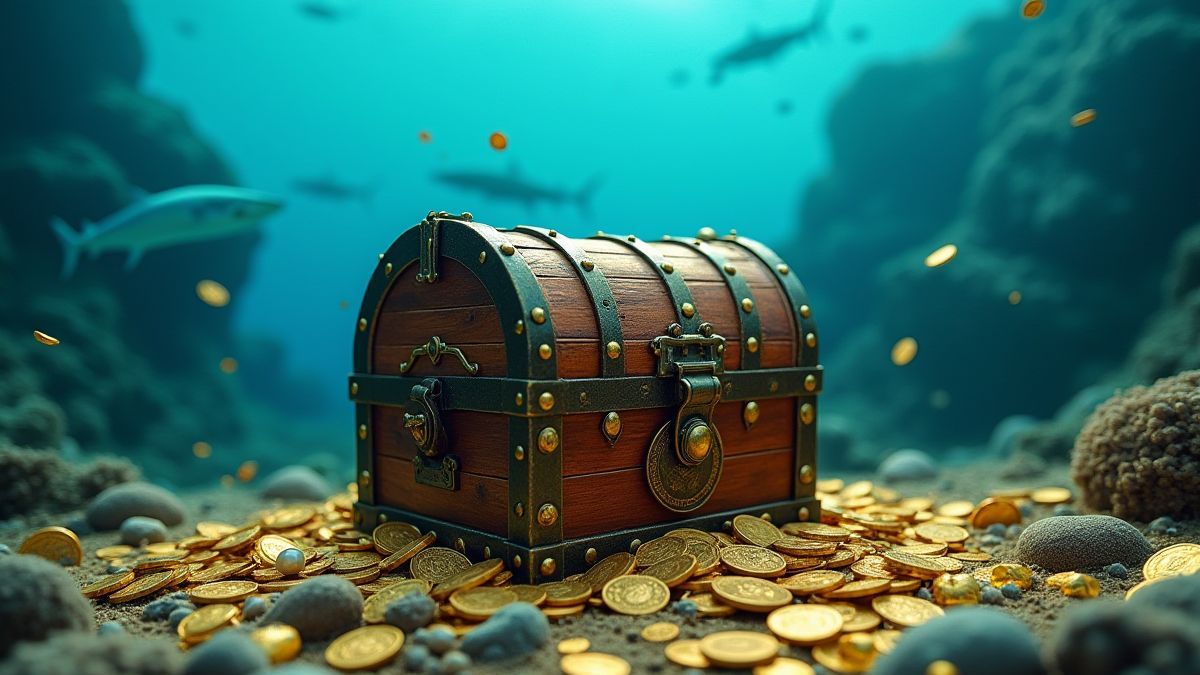 Cofre del tesoro submarino rodeado de monedas de oro y perlas.