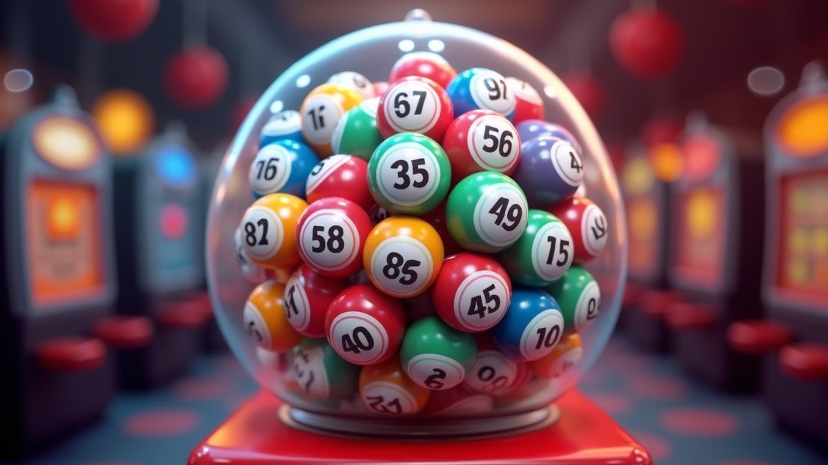 Animated bingo balls spinning inside a machine.