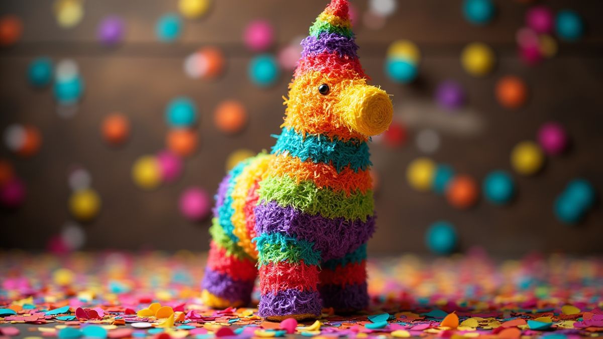 Eine farbenfrohe Piñata umgeben von Konfetti in einer festlichen mexikanischen Umgebung.