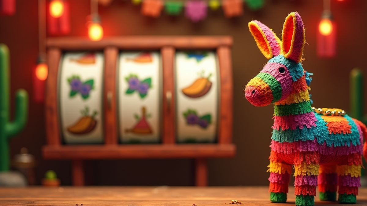 Ein festlicher mexikanischer Hintergrund mit drehenden Walzen und einer burroförmigen Piñata.