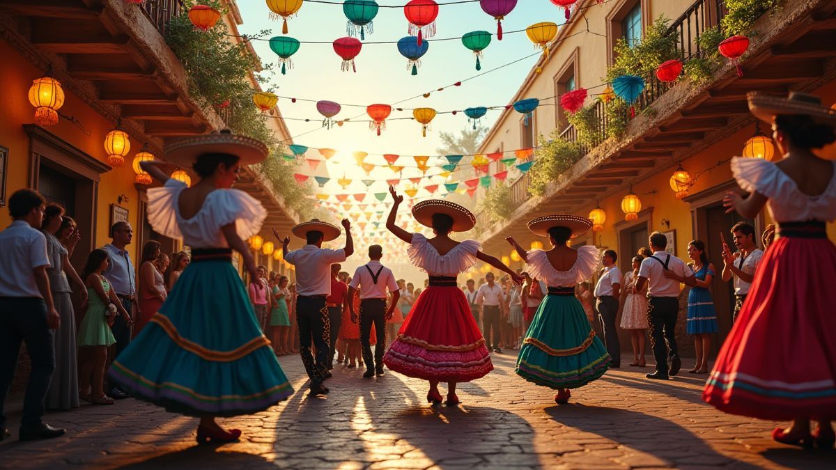 Eine mexikanische Fiesta-Szene mit Tänzern, Mariachis und bunten Dekorationen.