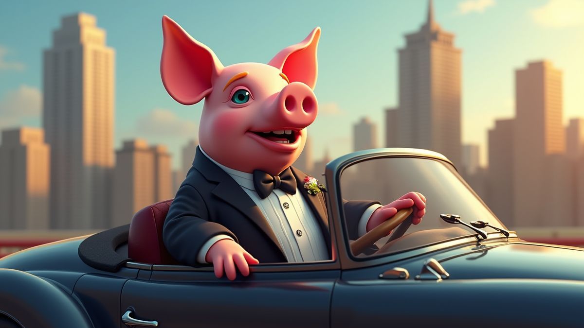 Cerdo en un coche de lujo conduciendo por la ciudad.