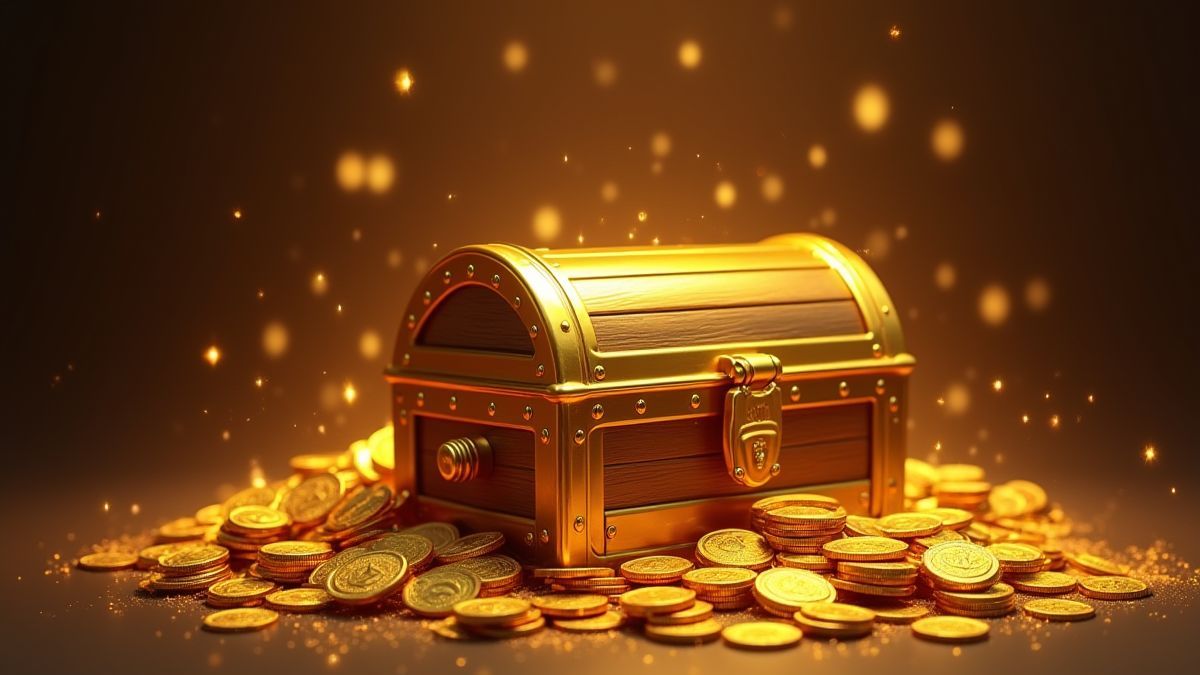 Cofre del tesoro lleno de monedas y objetos de lujo.