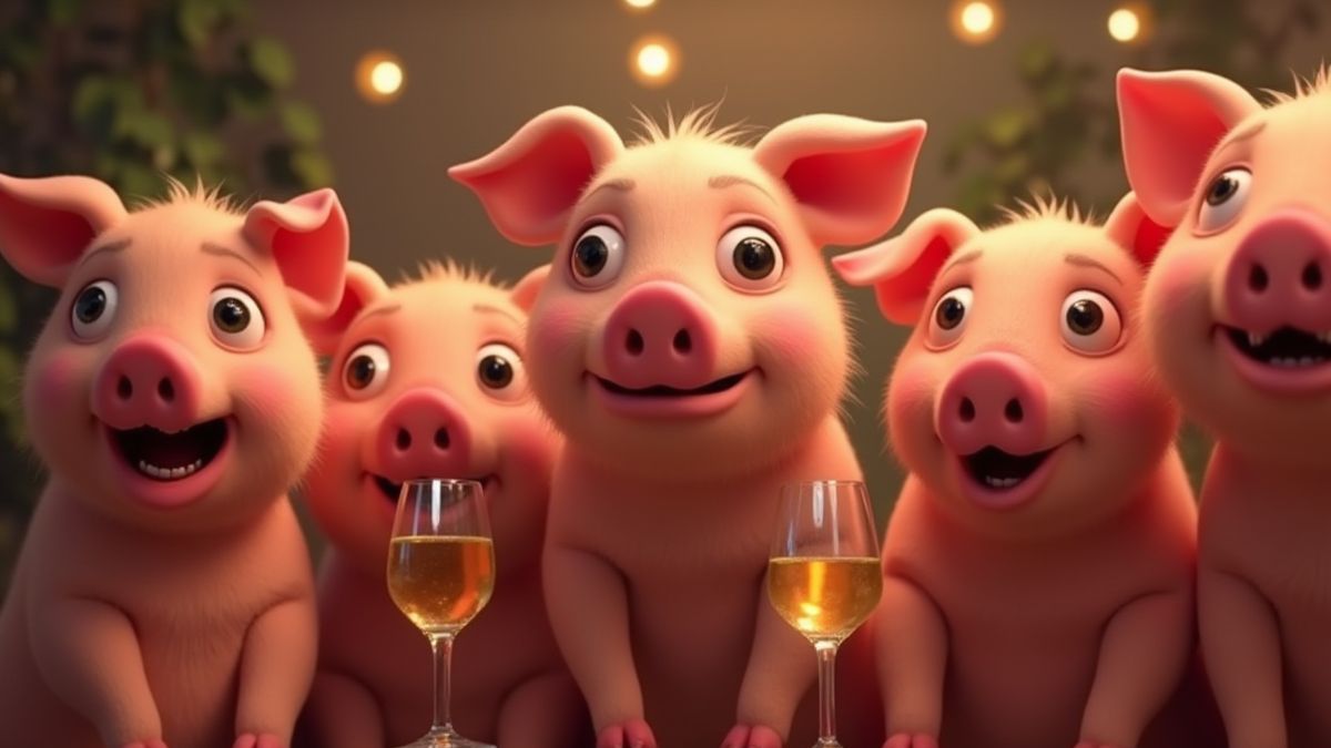 Cerdos animados en una fiesta de lujo.