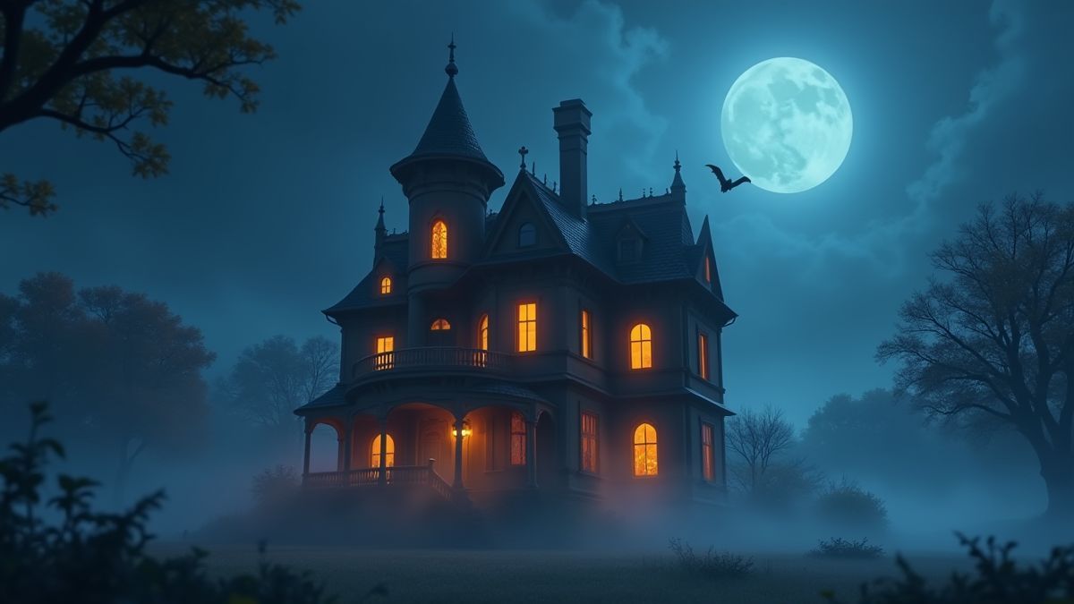 Casa encantada rodeada de niebla.