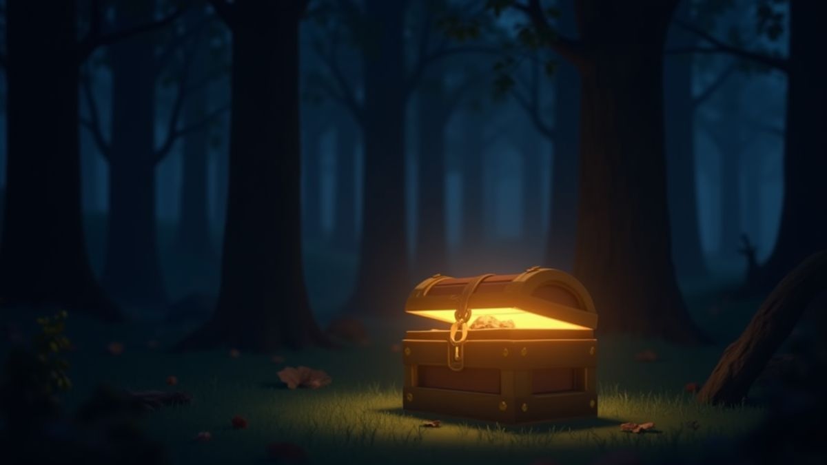Cofre del tesoro brillante en el bosque.